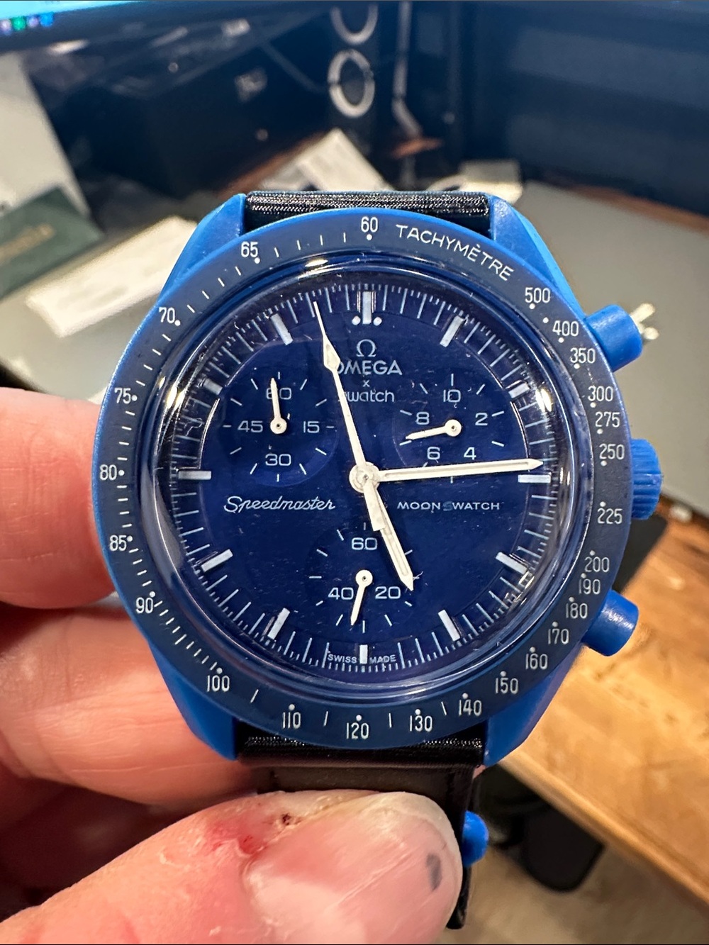 Omega-Watch Blue Chronograph Tachymeter Watch